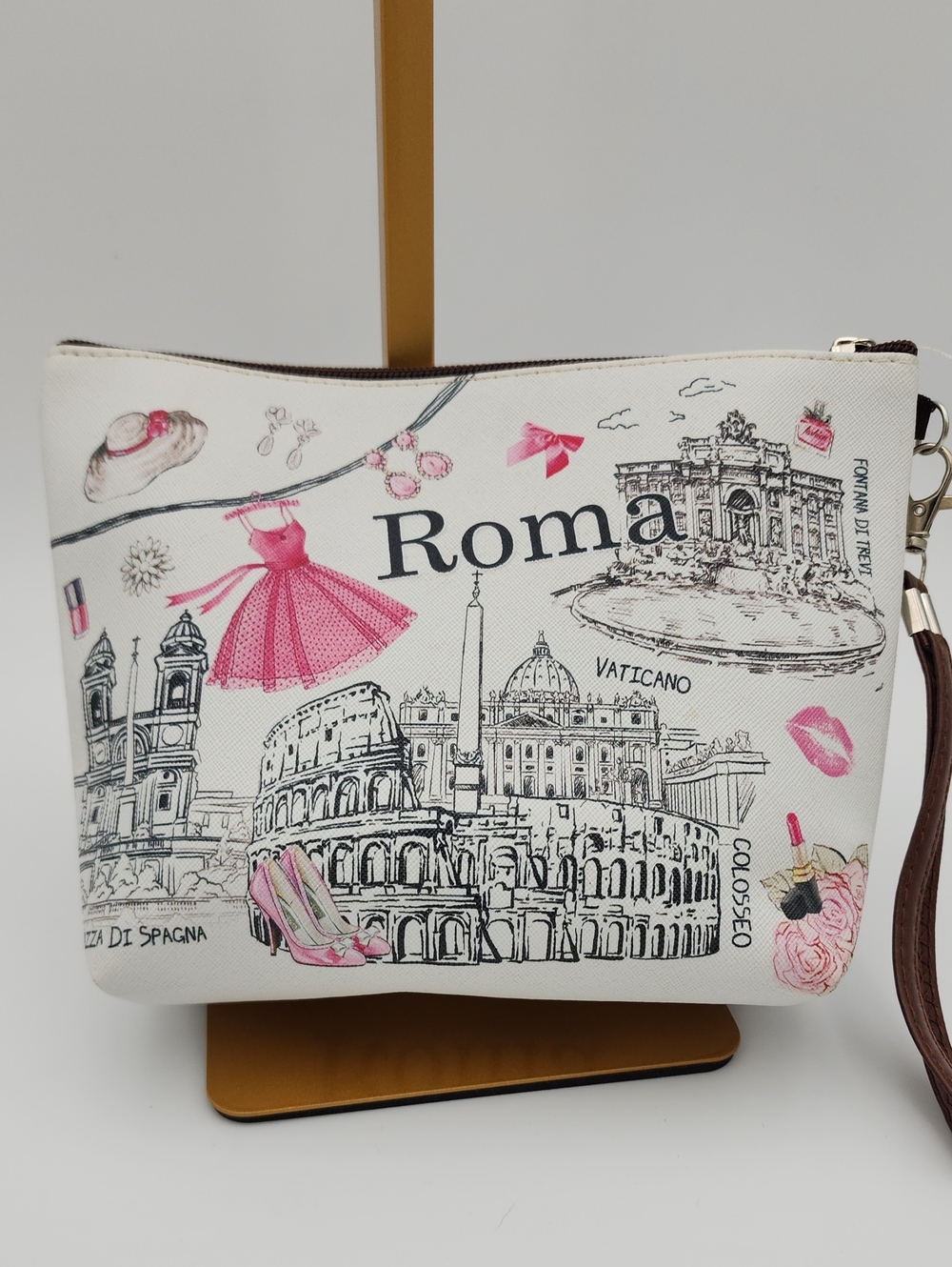 Roma Illustrated White & Pink Wristlet Pouch